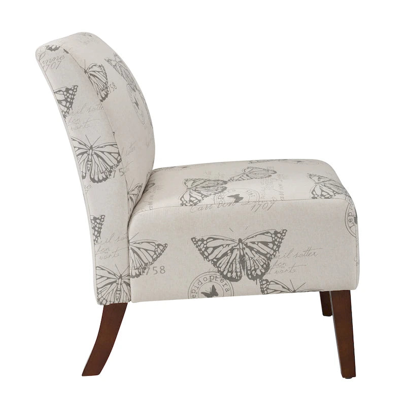 Armless Butterfly Print Accent Chair with Eucalyptus Wood Legs Off-White