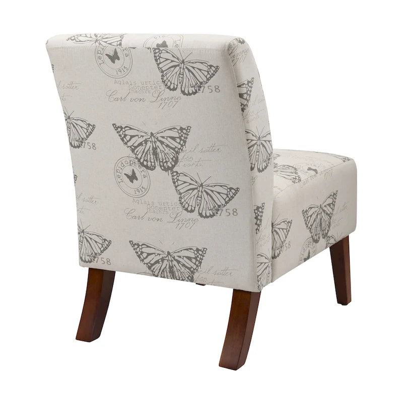 Armless Butterfly Print Accent Chair with Eucalyptus Wood Legs Off-White