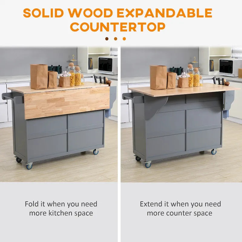 Rolling Kitchen Island Cart with Drop-Leaf Countertop and Storage Drawers, Dark Grey