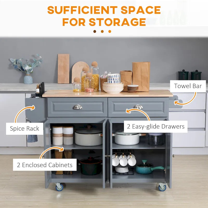 Rolling Kitchen Island Cart with Drop-Leaf Countertop and Storage Drawers, Dark Grey