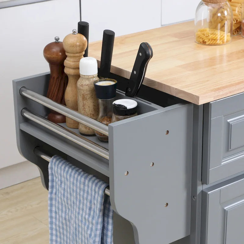 Îlot de cuisine roulant avec plateau rabattable et tiroirs de rangement, gris foncé