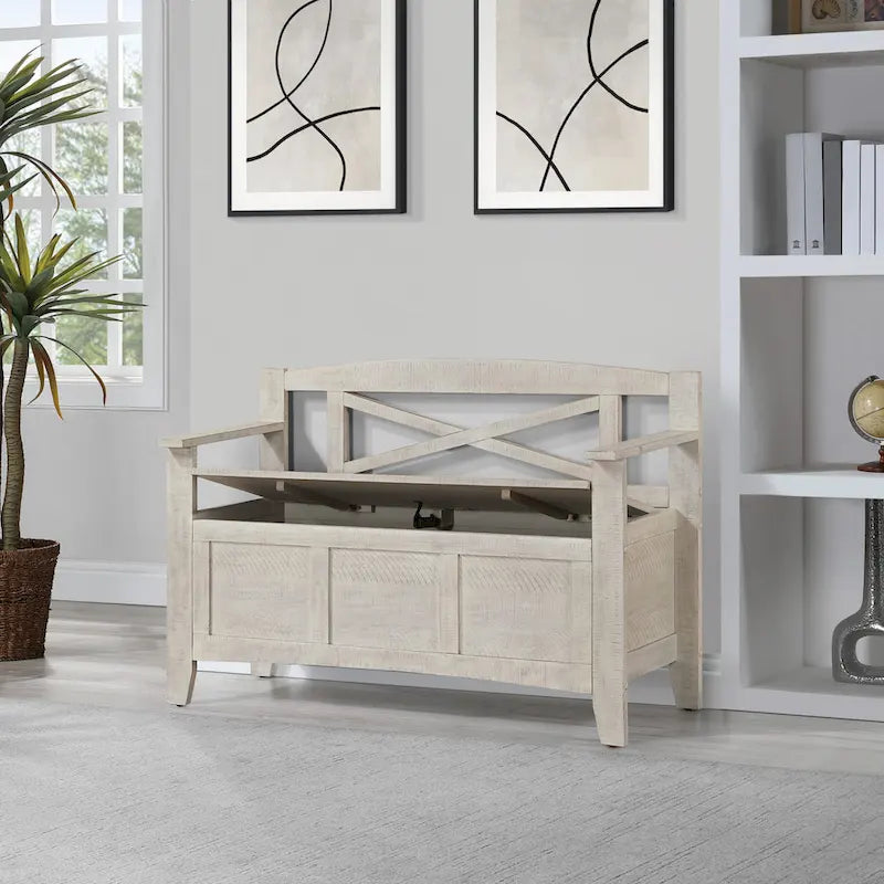 Wood Entryway Storage Bench with Flip-Up Seat and Cross-Back Design