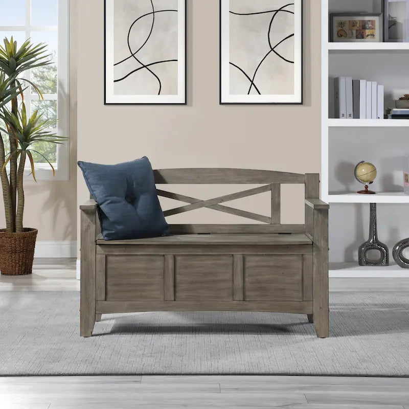 Wood Entryway Storage Bench with Flip-Up Seat and Cross-Back Design