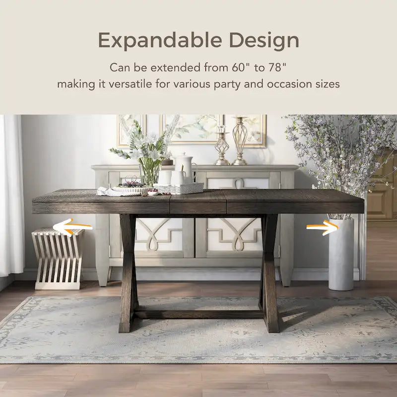 Rustic Grey Wood Expandable Dining Table with Farmhouse Trestle Base