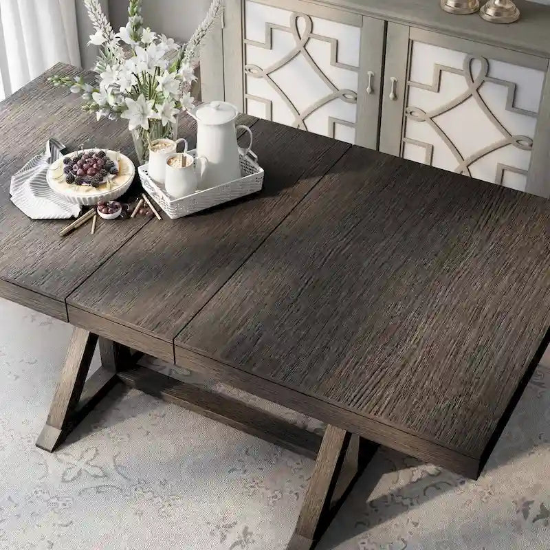 Rustic Grey Wood Expandable Dining Table with Farmhouse Trestle Base
