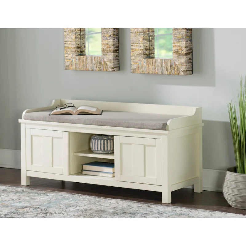 White Wood Frame Cushioned Storage Bench with Sliding Door Compartments