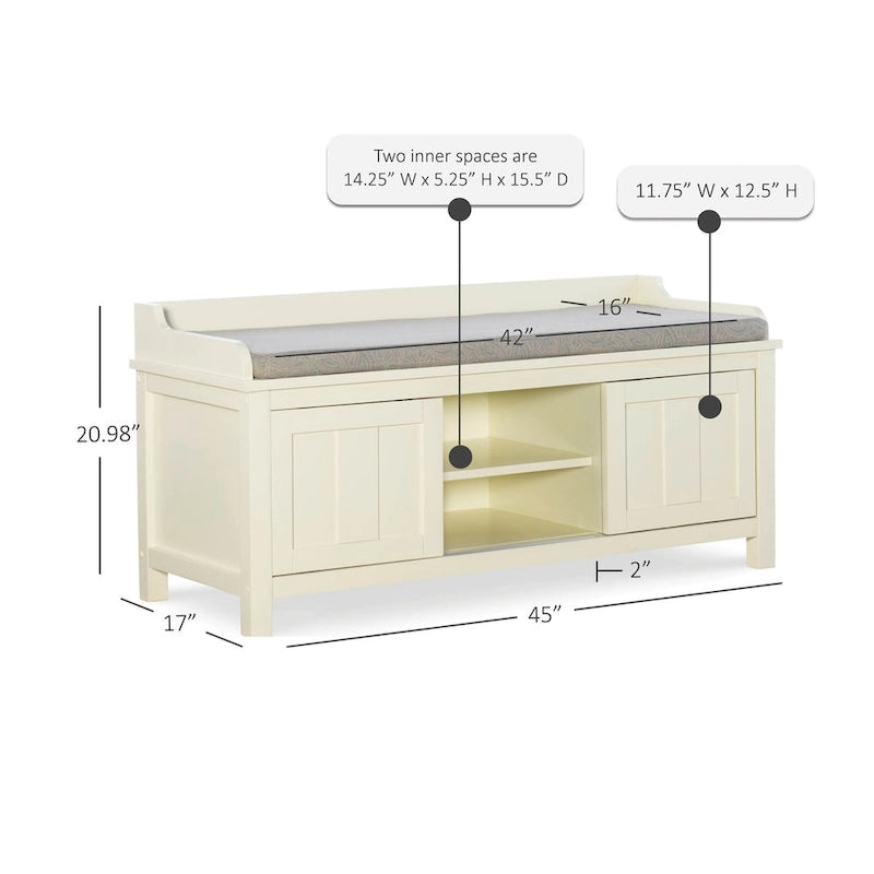 White Wood Frame Cushioned Storage Bench with Sliding Door Compartments