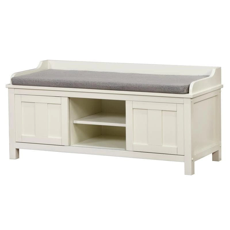 White Wood Frame Cushioned Storage Bench with Sliding Door Compartments