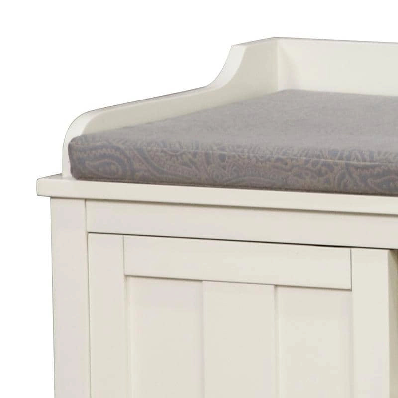 White Wood Frame Cushioned Storage Bench with Sliding Door Compartments