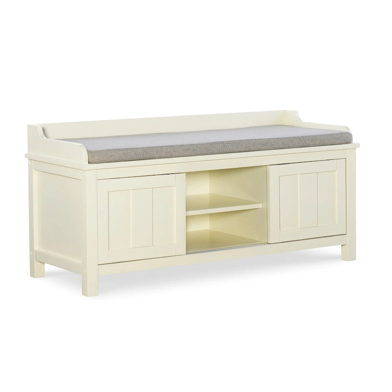 White Wood Frame Cushioned Storage Bench with Sliding Door Compartments