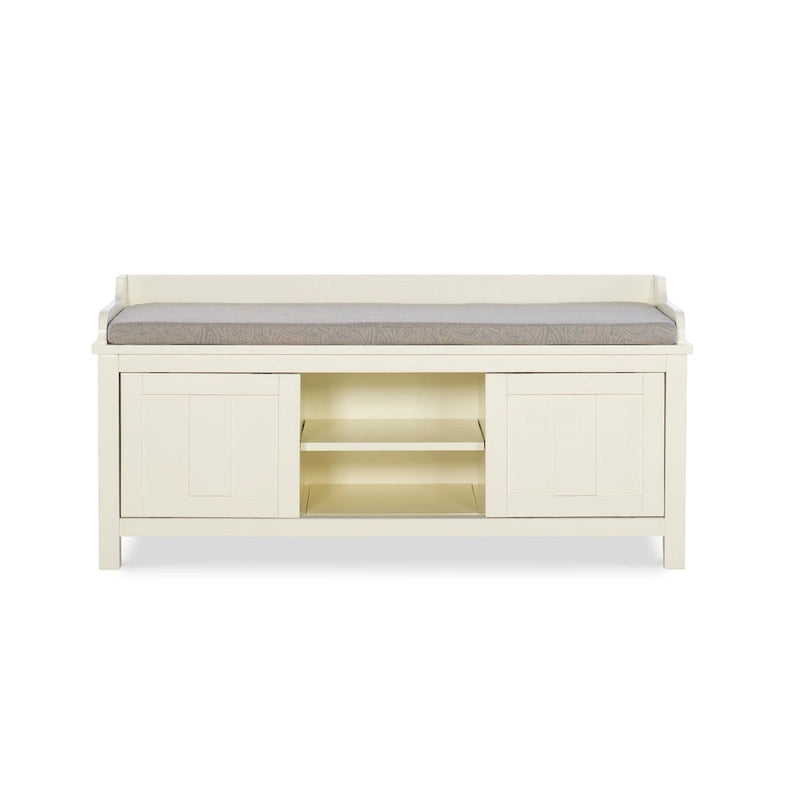 White Wood Frame Cushioned Storage Bench with Sliding Door Compartments