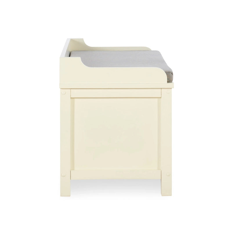 White Wood Frame Cushioned Storage Bench with Sliding Door Compartments