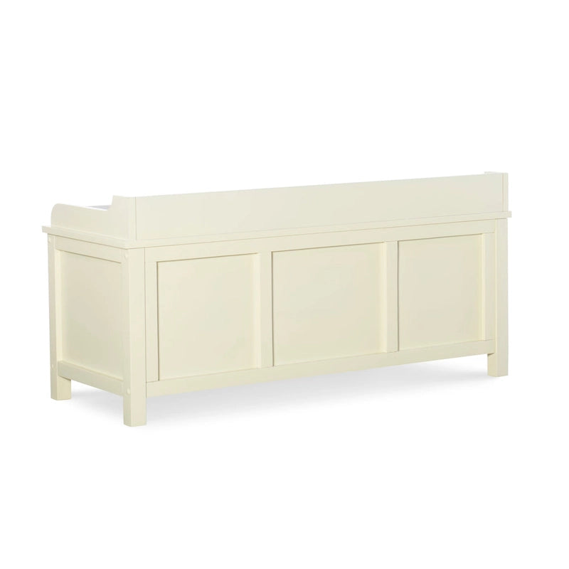 White Wood Frame Cushioned Storage Bench with Sliding Door Compartments