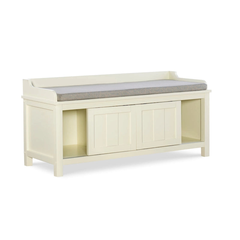 White Wood Frame Cushioned Storage Bench with Sliding Door Compartments