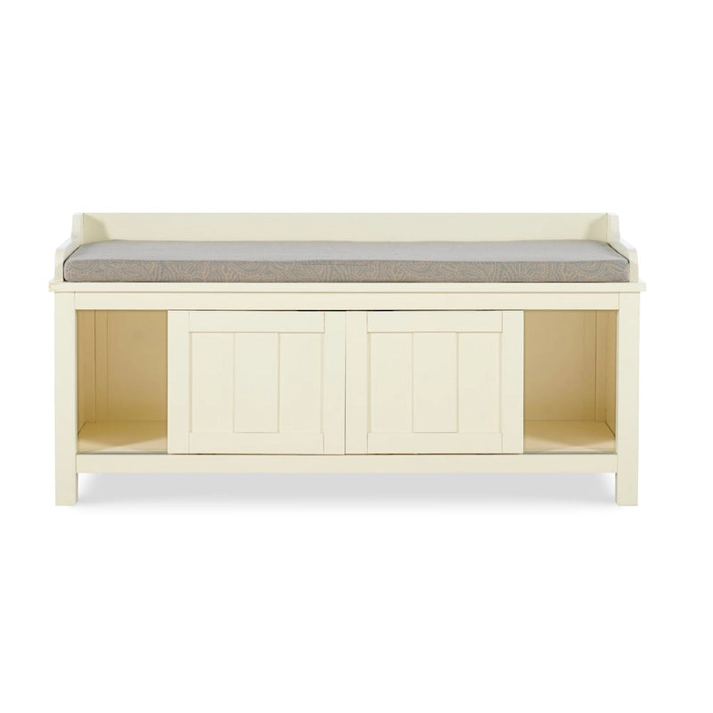 White Wood Frame Cushioned Storage Bench with Sliding Door Compartments