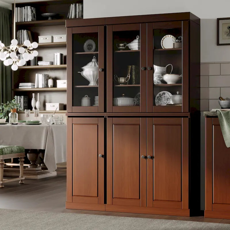 Solid Wood China Pantry Cabinet with Glass and Wood Doors Adjustable Shelves White Gray Black