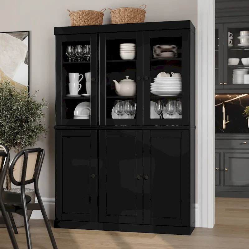 Solid Wood China Pantry Cabinet with Glass and Wood Doors Adjustable Shelves White Gray Black