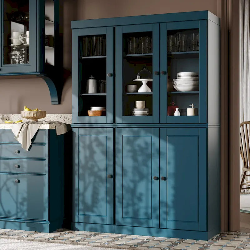 Solid Wood China Pantry Cabinet with Glass and Wood Doors Adjustable Shelves White Gray Black
