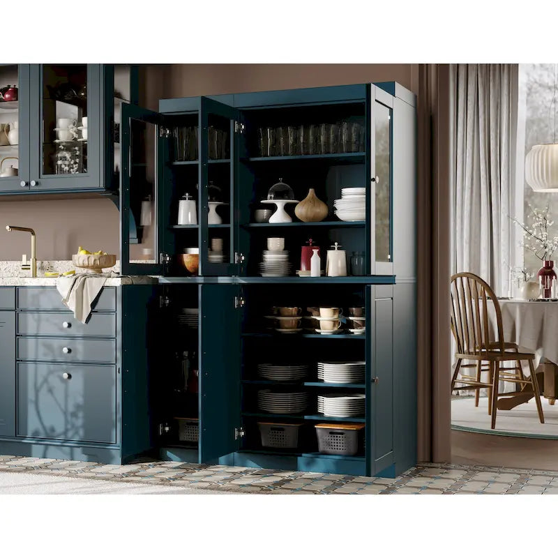 Solid Wood China Pantry Cabinet with Glass and Wood Doors Adjustable Shelves White Gray Black