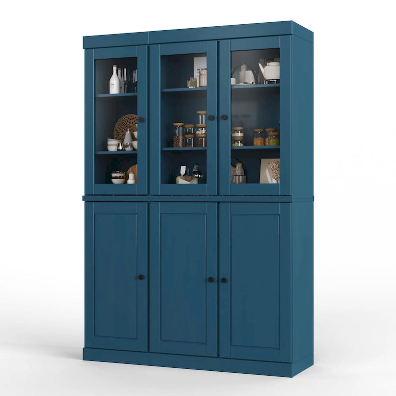 Solid Wood China Pantry Cabinet with Glass and Wood Doors Adjustable Shelves White Gray Black