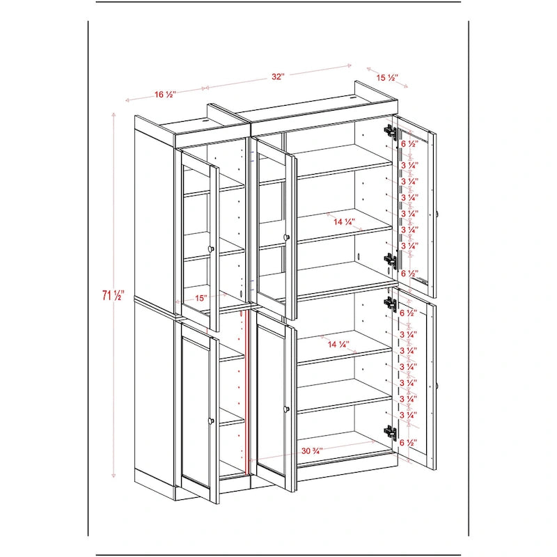 Solid Wood China Pantry Cabinet with Glass and Wood Doors Adjustable Shelves White Gray Black