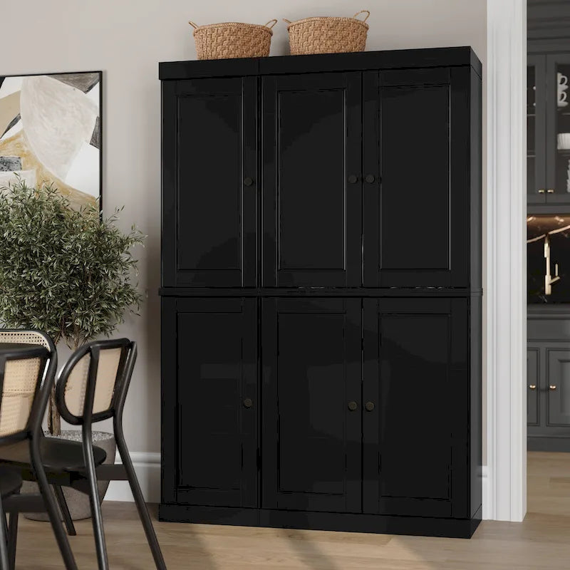 Solid Wood China Pantry Cabinet with Glass and Wood Doors Adjustable Shelves White Gray Black
