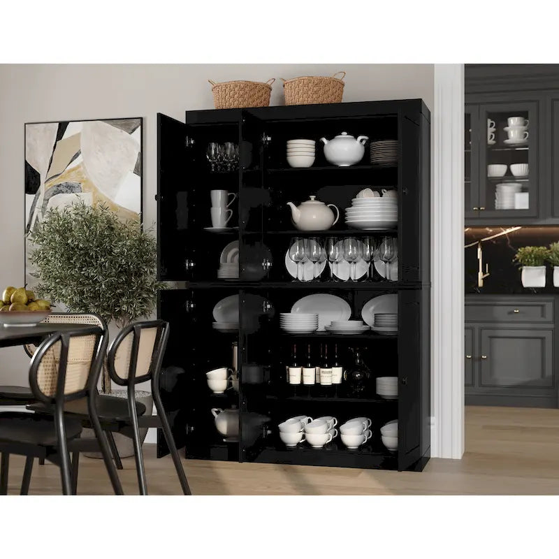 Solid Wood China Pantry Cabinet with Glass and Wood Doors Adjustable Shelves White Gray Black