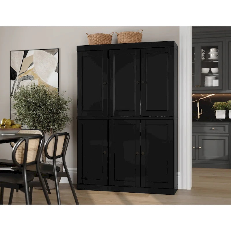 Solid Wood China Pantry Cabinet with Glass and Wood Doors Adjustable Shelves White Gray Black