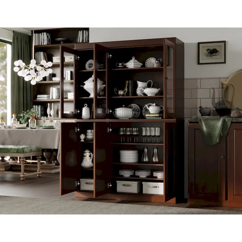 Solid Wood China Pantry Cabinet with Glass and Wood Doors Adjustable Shelves White Gray Black
