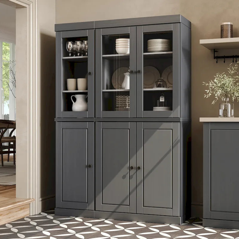 Solid Wood China Pantry Cabinet with Glass and Wood Doors Adjustable Shelves White Gray Black
