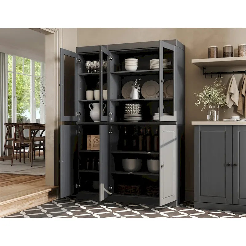 Solid Wood China Pantry Cabinet with Glass and Wood Doors Adjustable Shelves White Gray Black
