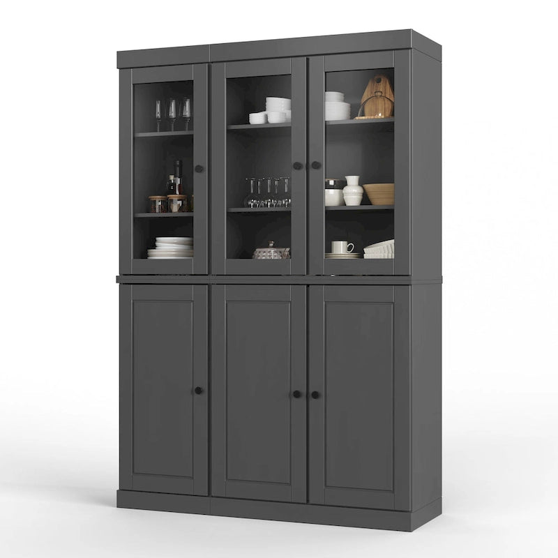 Solid Wood China Pantry Cabinet with Glass and Wood Doors Adjustable Shelves White Gray Black