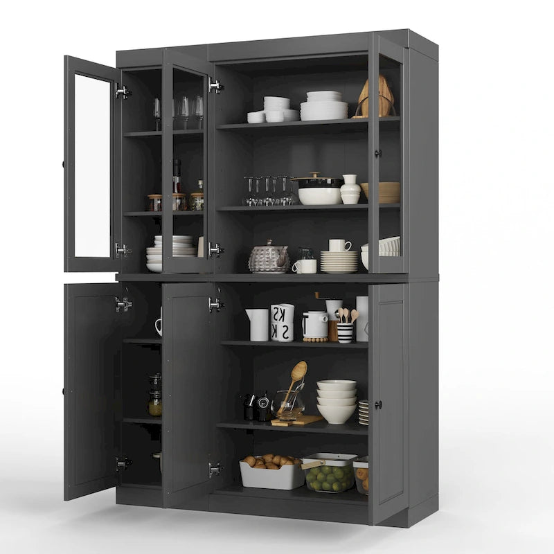 Solid Wood China Pantry Cabinet with Glass and Wood Doors Adjustable Shelves White Gray Black