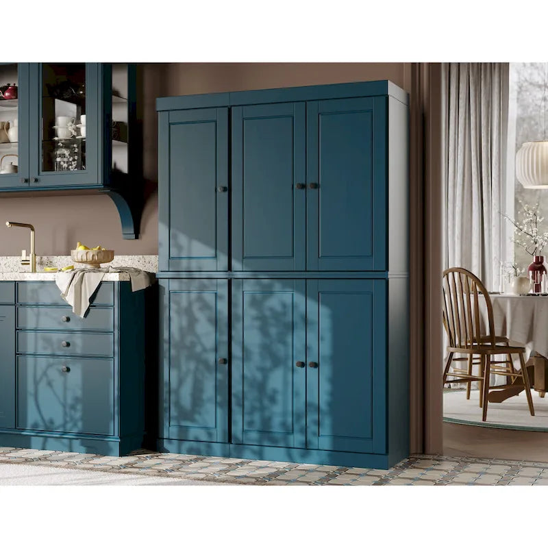 Solid Wood China Pantry Cabinet with Glass and Wood Doors Adjustable Shelves White Gray Black