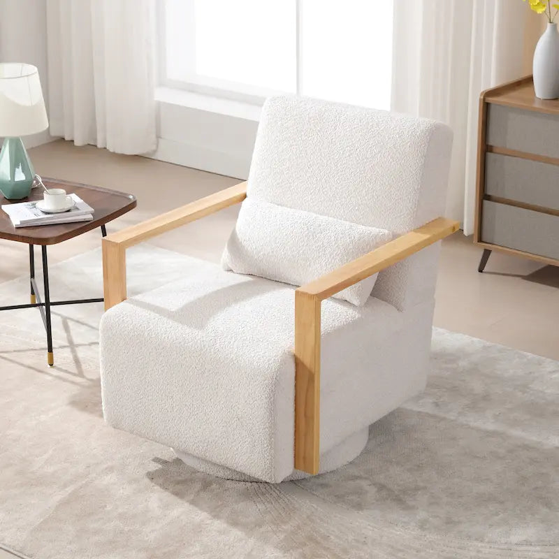 Boucle Fabric Swivel Accent Armchair with Wood Arms and Lumbar Pillow