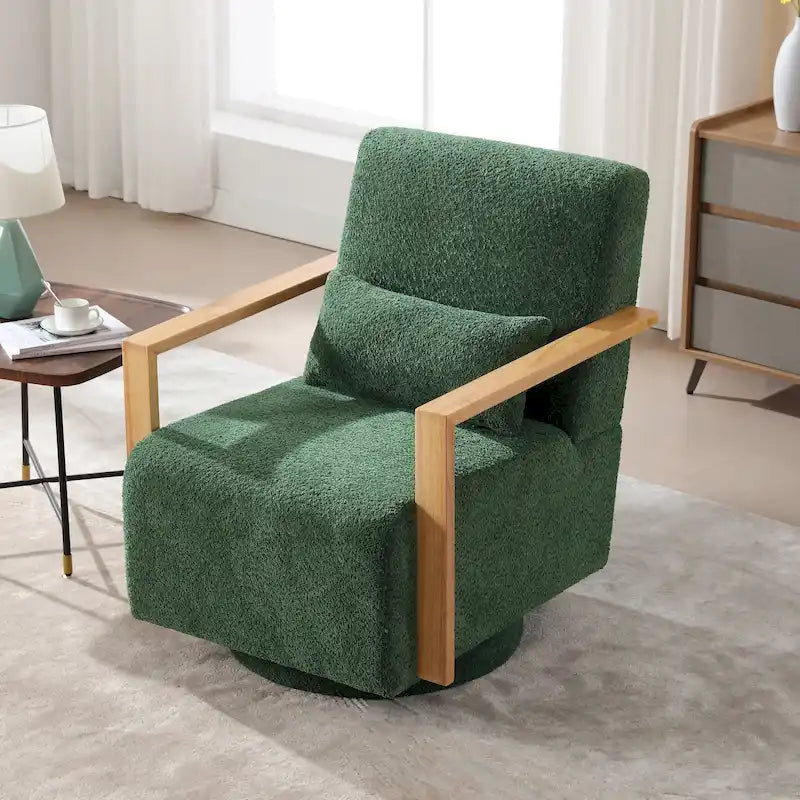 Boucle Fabric Swivel Accent Armchair with Wood Arms and Lumbar Pillow