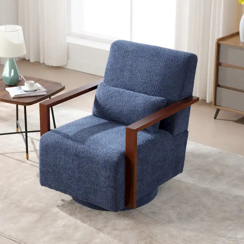 Boucle Fabric Swivel Accent Armchair with Wood Arms and Lumbar Pillow
