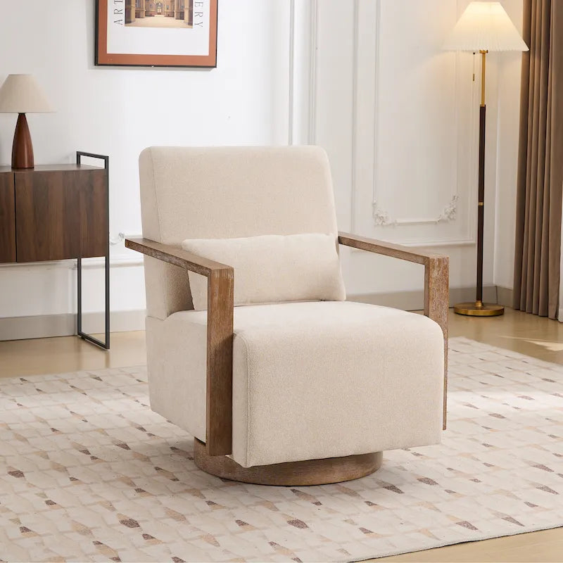 Boucle Fabric Swivel Accent Armchair with Wood Arms and Lumbar Pillow
