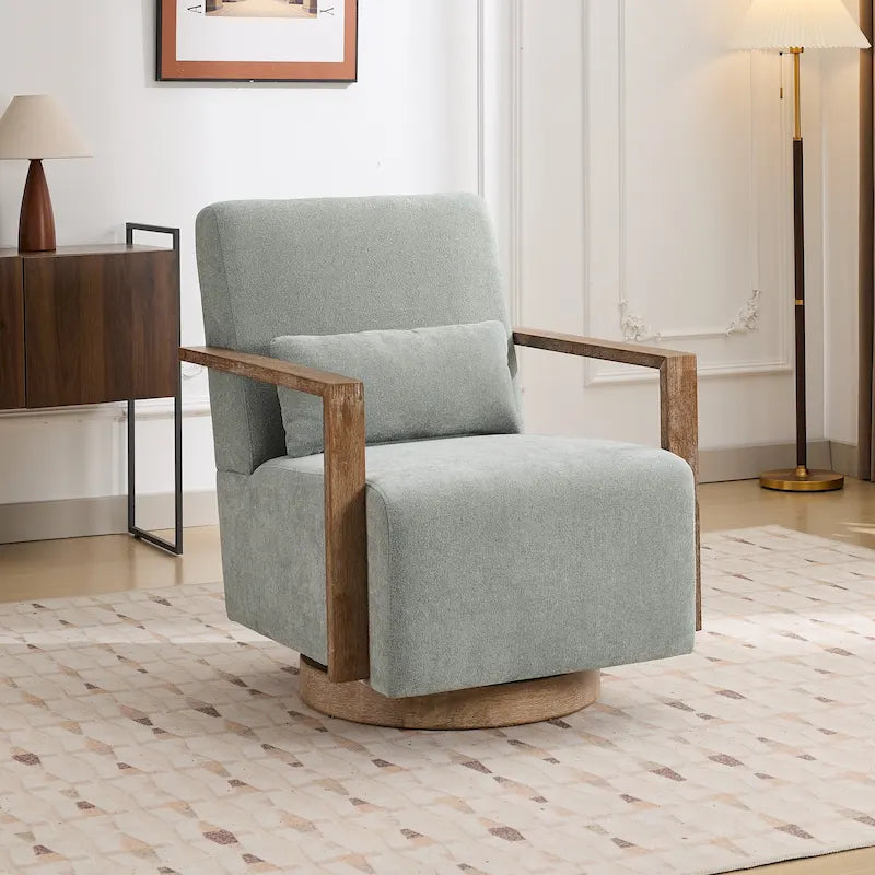Boucle Fabric Swivel Accent Armchair with Wood Arms and Lumbar Pillow