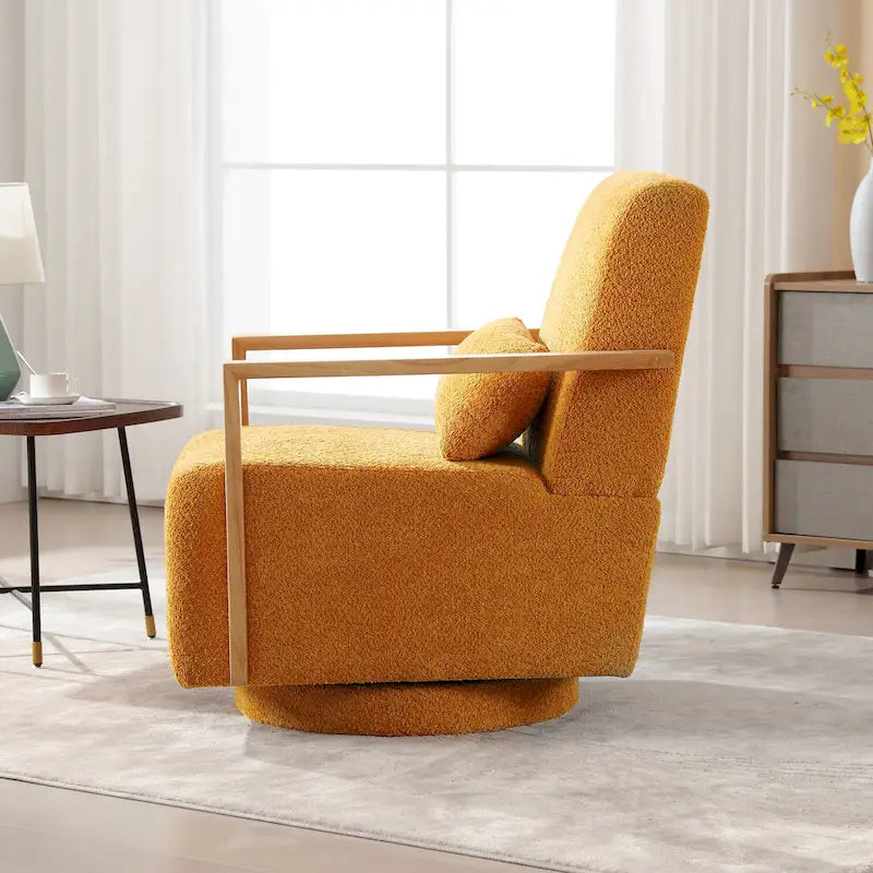 Boucle Fabric Swivel Accent Armchair with Wood Arms and Lumbar Pillow