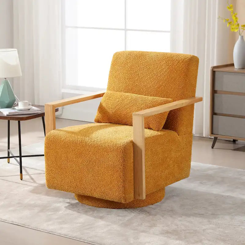 Boucle Fabric Swivel Accent Armchair with Wood Arms and Lumbar Pillow