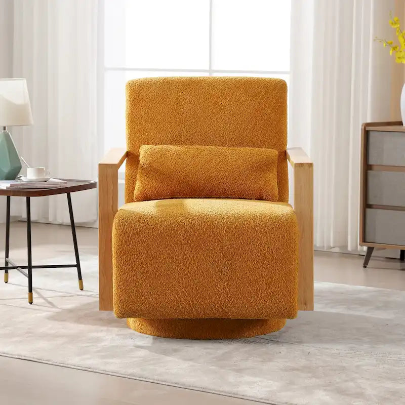Boucle Fabric Swivel Accent Armchair with Wood Arms and Lumbar Pillow