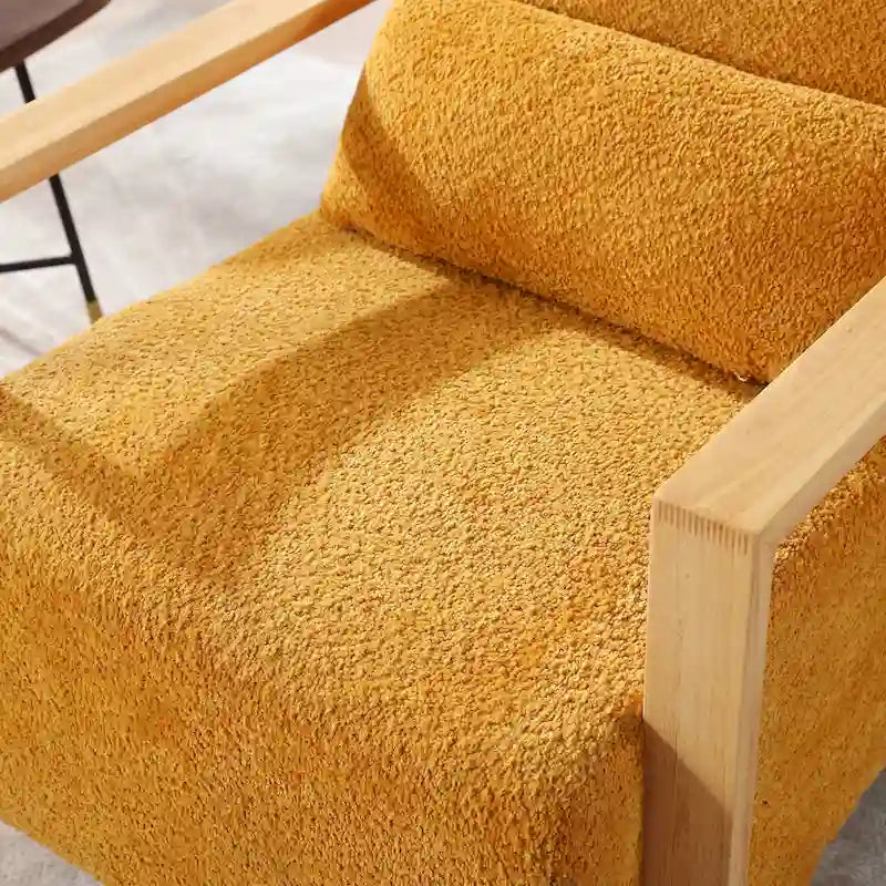 Boucle Fabric Swivel Accent Armchair with Wood Arms and Lumbar Pillow