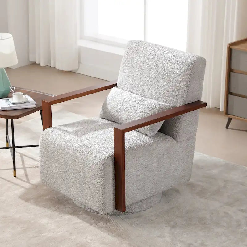 Boucle Fabric Swivel Accent Armchair with Wood Arms and Lumbar Pillow