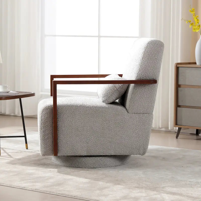Boucle Fabric Swivel Accent Armchair with Wood Arms and Lumbar Pillow