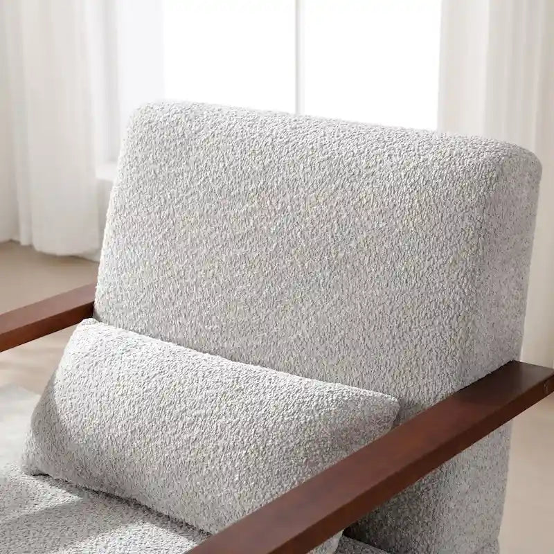 Boucle Fabric Swivel Accent Armchair with Wood Arms and Lumbar Pillow