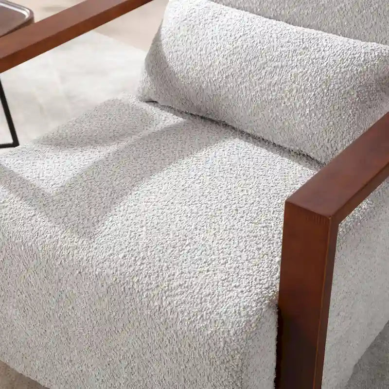 Boucle Fabric Swivel Accent Armchair with Wood Arms and Lumbar Pillow