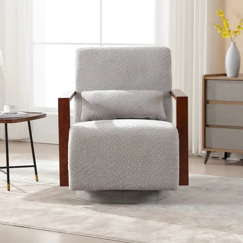 Boucle Fabric Swivel Accent Armchair with Wood Arms and Lumbar Pillow