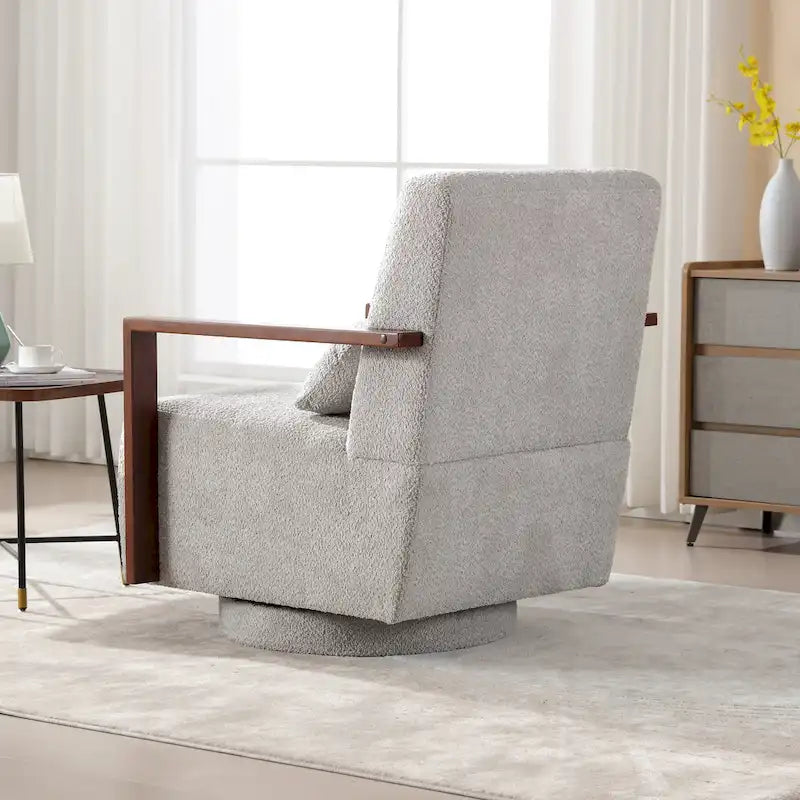 Boucle Fabric Swivel Accent Armchair with Wood Arms and Lumbar Pillow