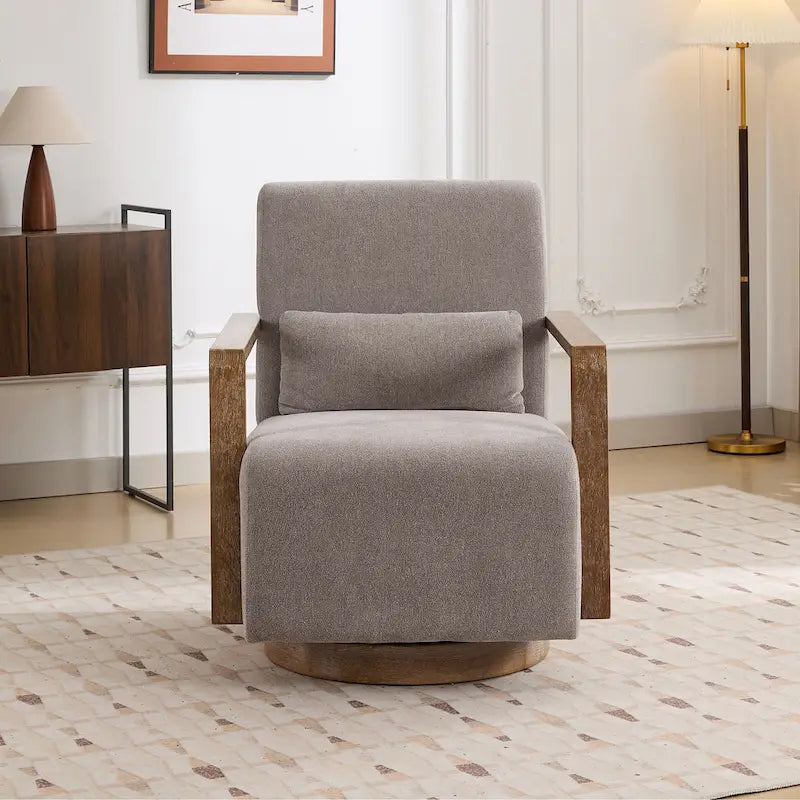 Boucle Fabric Swivel Accent Armchair with Wood Arms and Lumbar Pillow
